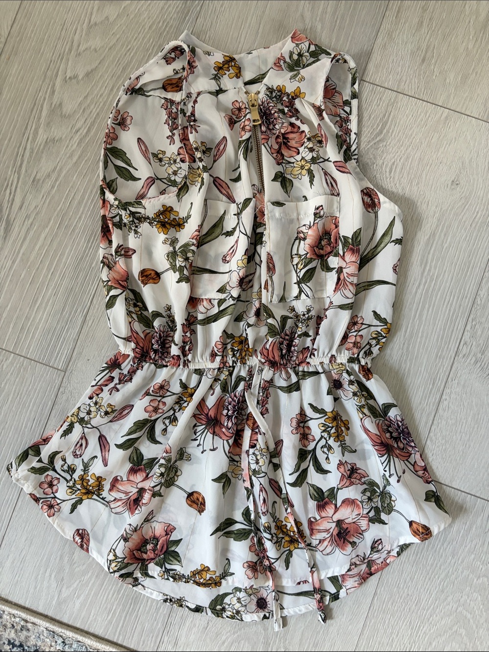 White Floral Drawstring Waist Blouse
